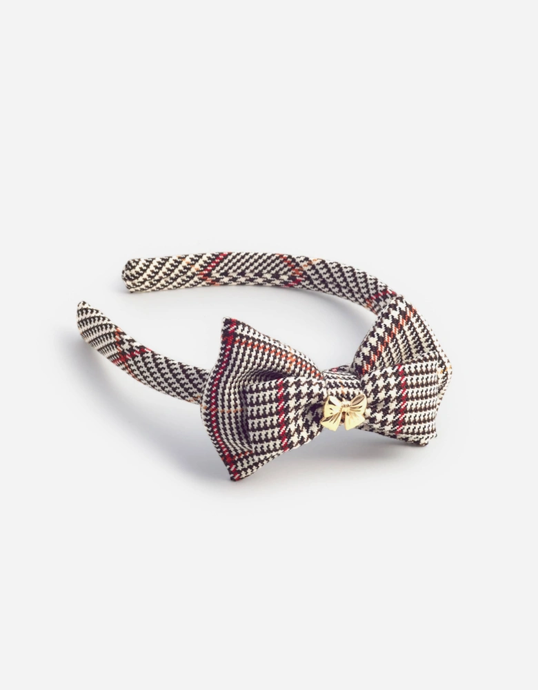Girls Check Bow Headband in Brown