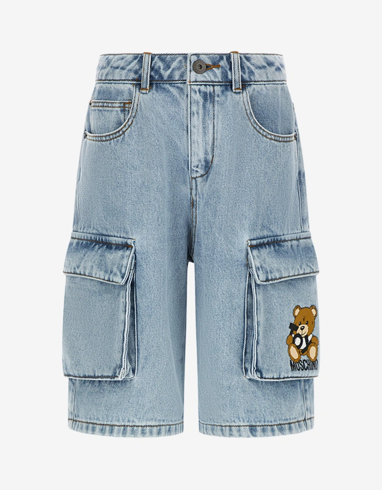 Boys Denim Teddy Cargo Shorts in Blue