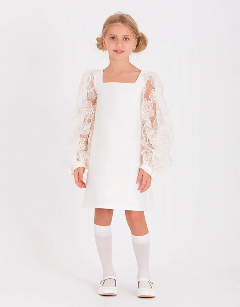 Girls Organza Flower Sleeve Dress in White