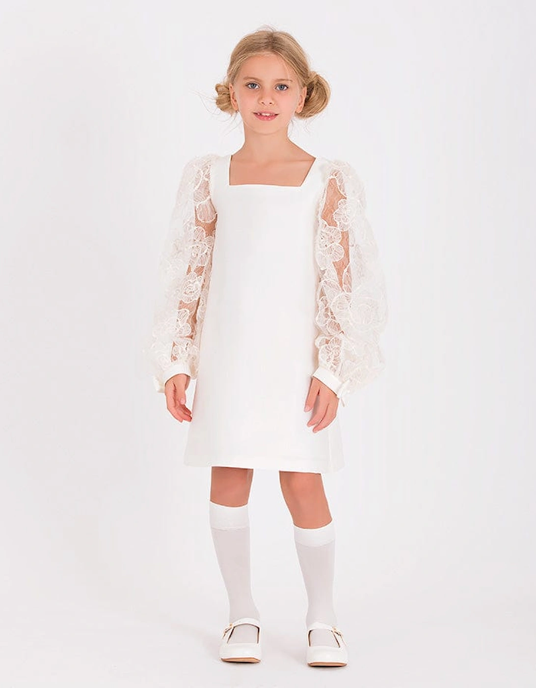 Girls Organza Flower Sleeve Dress in White