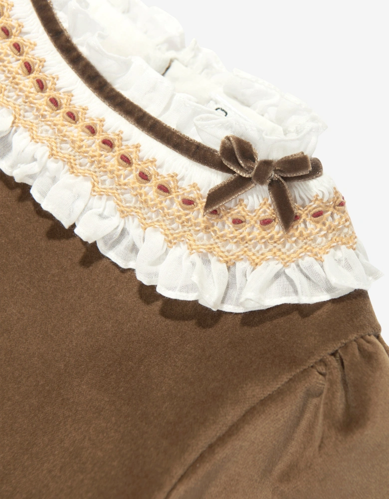 Girls Velvet Smocked Dress in Brown