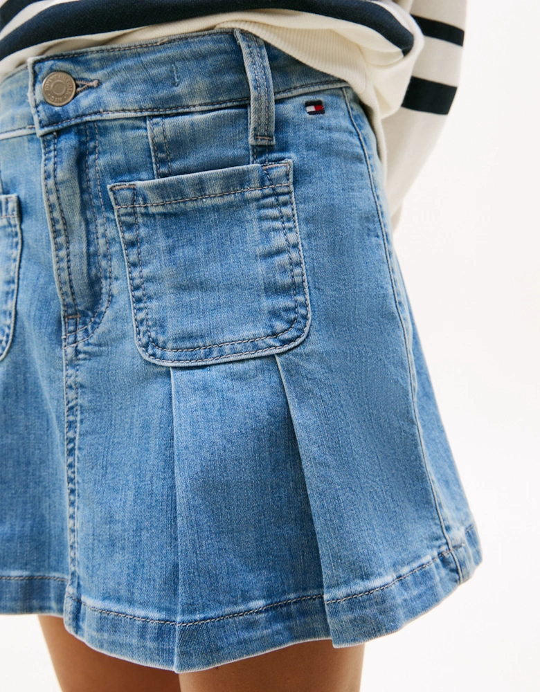 Girls Pleated Denim Skirt in Blue