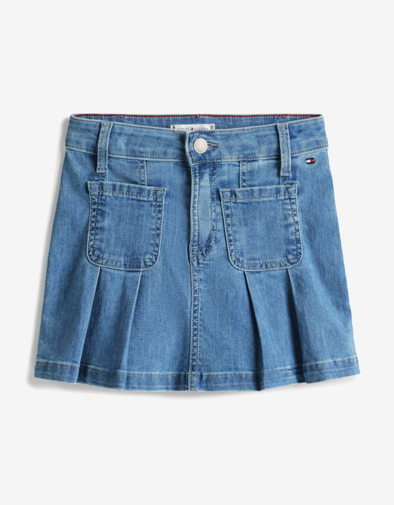 Girls Pleated Denim Skirt in Blue