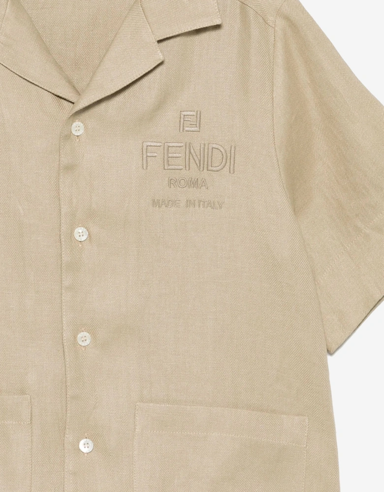 Boys Linen Logo Shirt in Beige