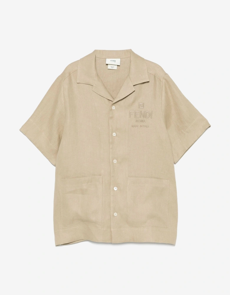 Boys Linen Logo Shirt in Beige