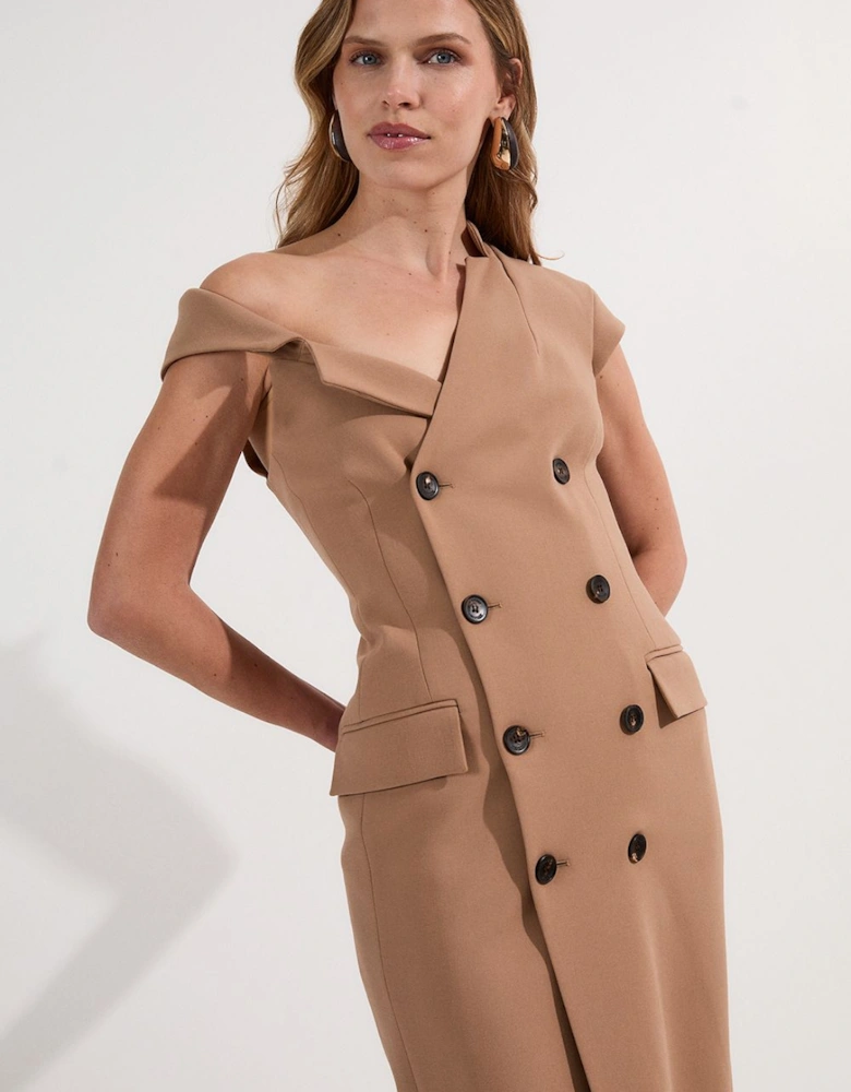 Compact Stretch Asymmetric Collar Tailored Pencil Maxi Dress