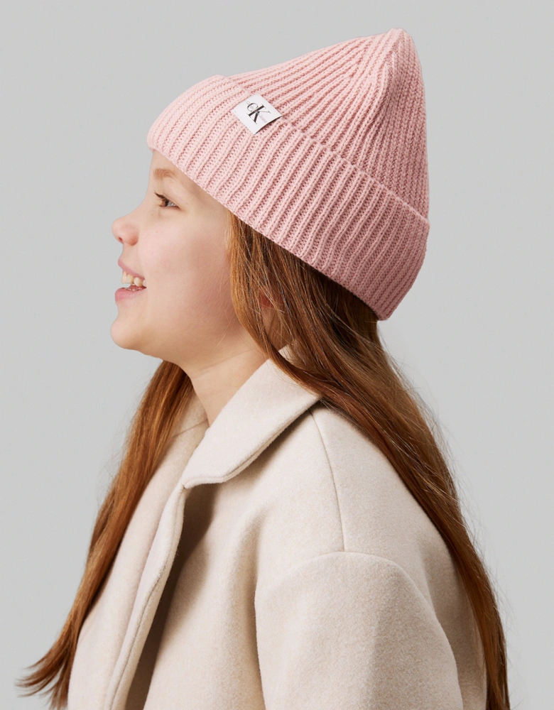 Girls Monogram Rib Beanie Hat in Pink