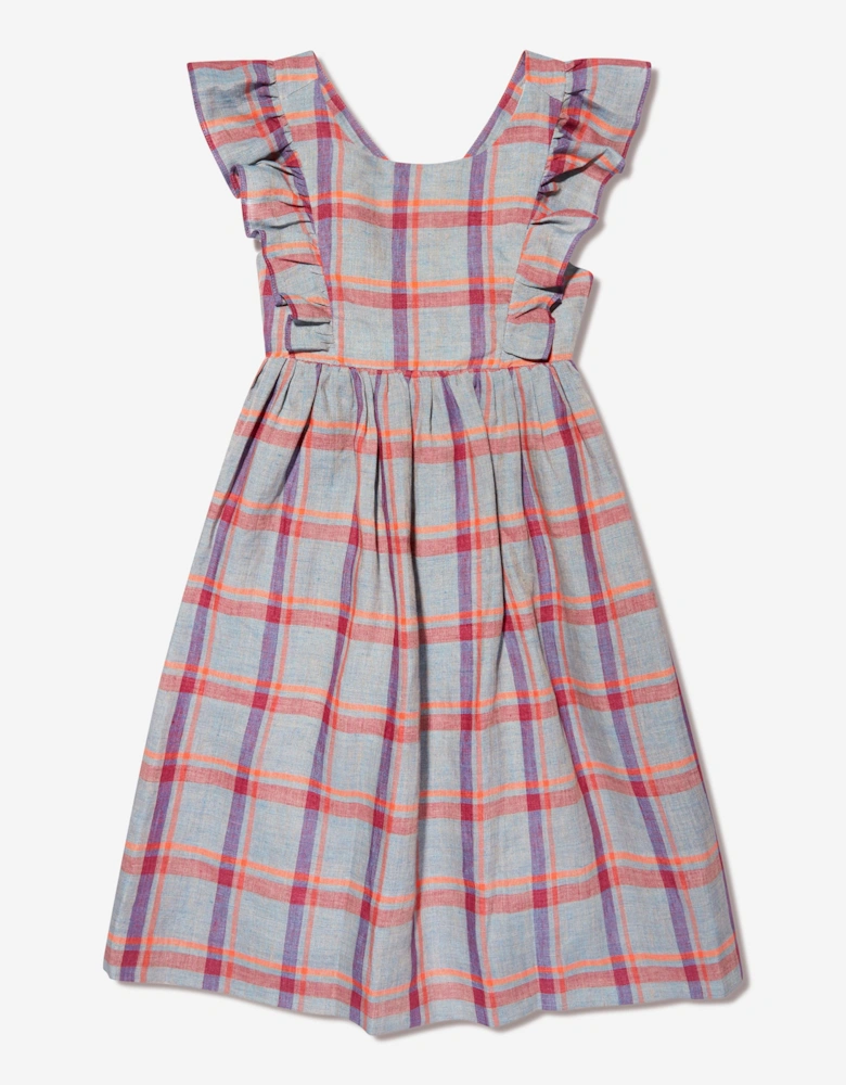 Girls Checked Linen Carole Dress in Grey