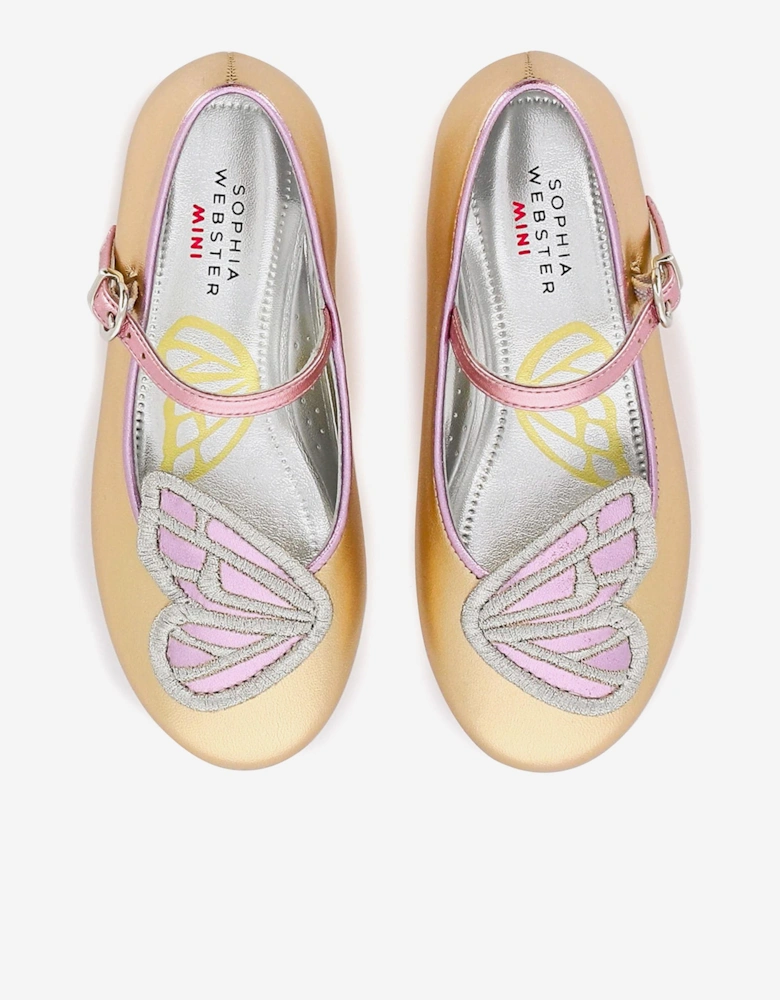 Girls Butterfly Embroidery Flat in Gold