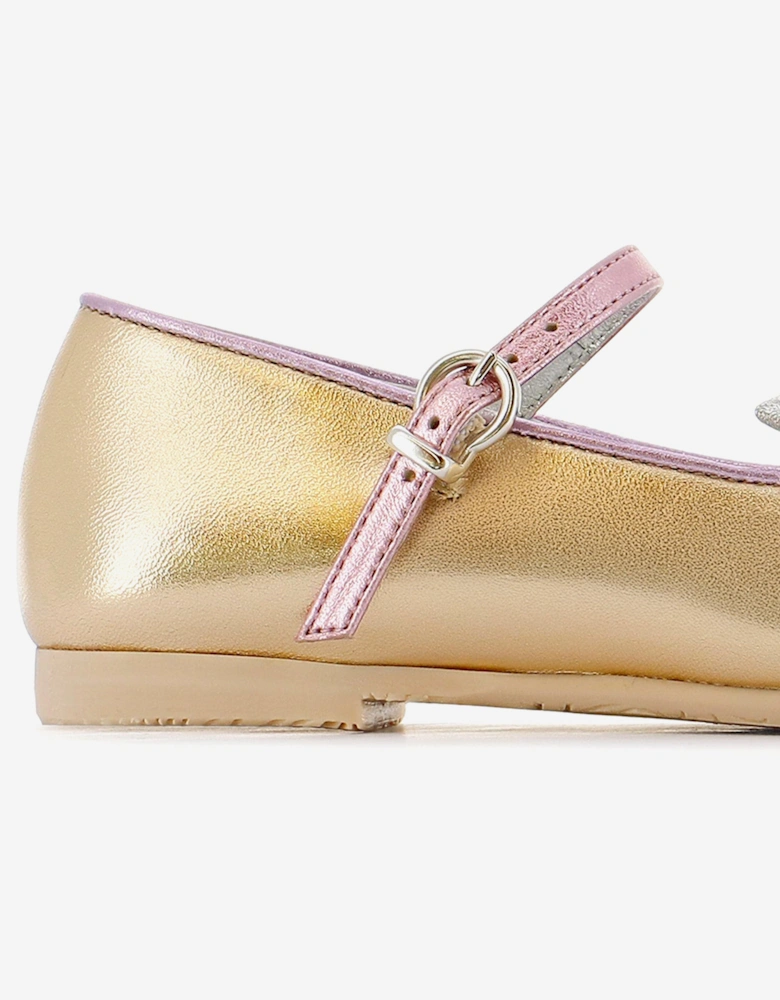 Girls Butterfly Embroidery Flat in Gold