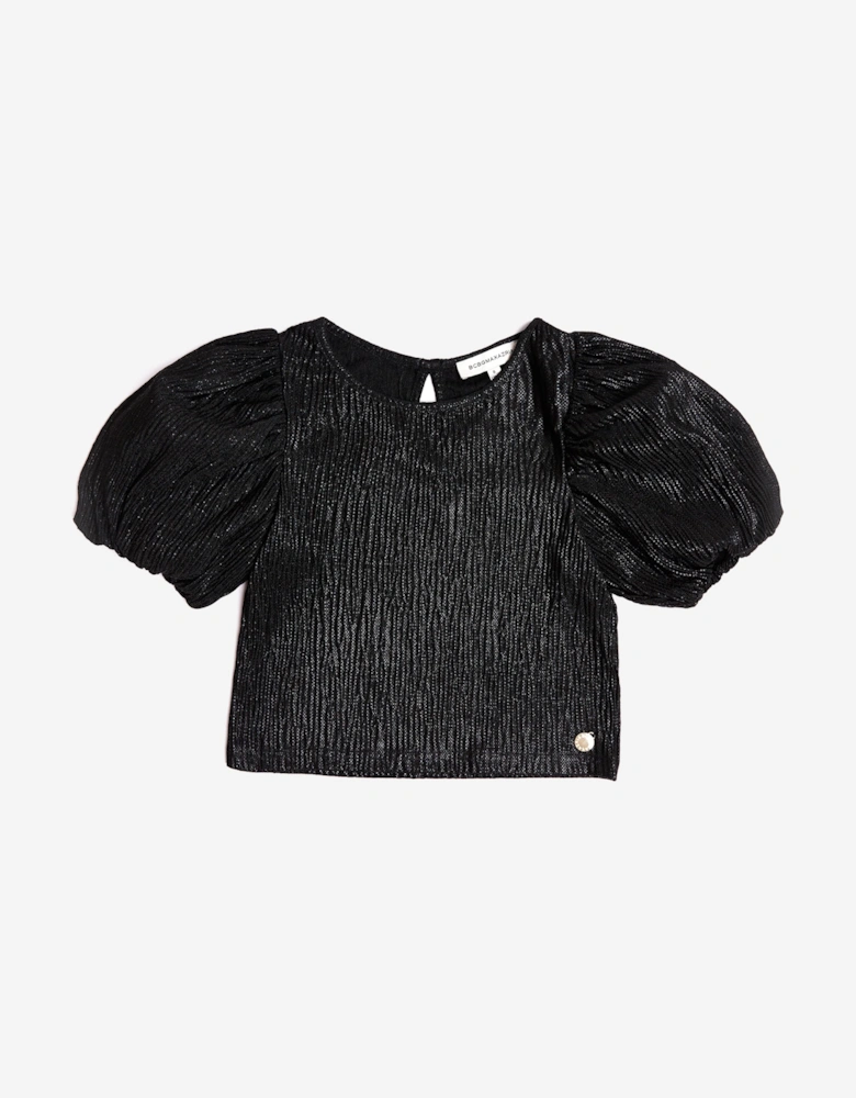 BCBGMAXAZRIA Girls Knitted Texture Puff Sleeve Top in Black