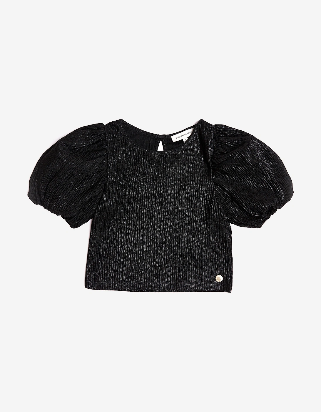 Girl's BCBGMAXAZRIA Girls Knitted Texture Puff Sleeve Top in Black - Size: 8 years