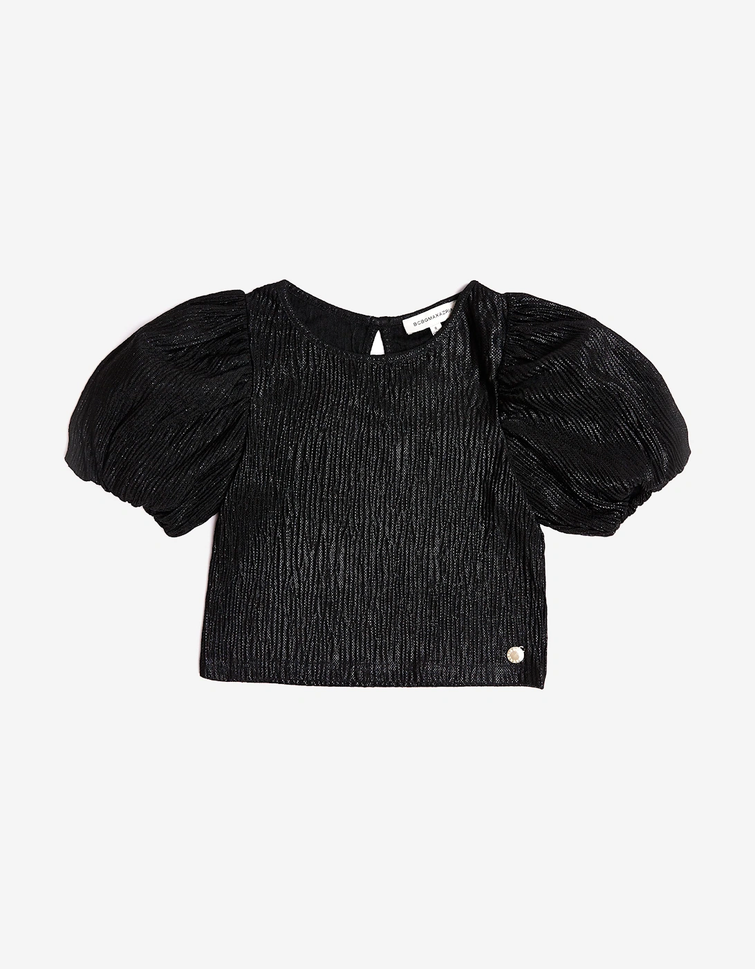 BCBGMAXAZRIA Girls Knitted Texture Puff Sleeve Top in Black, 5 of 4