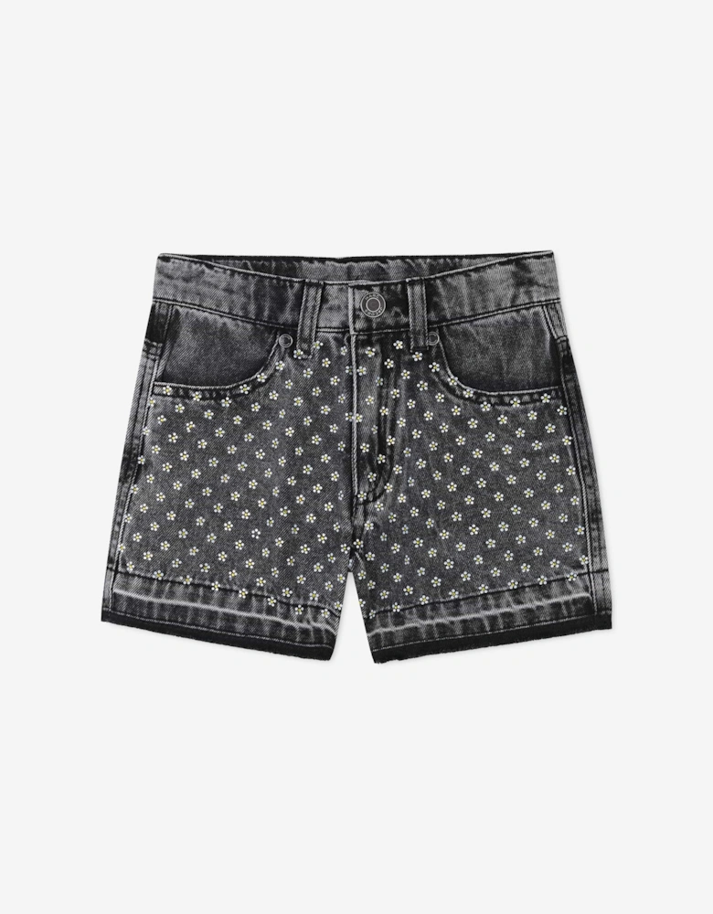Girls Diamante Daisy Denim Shorts in Black