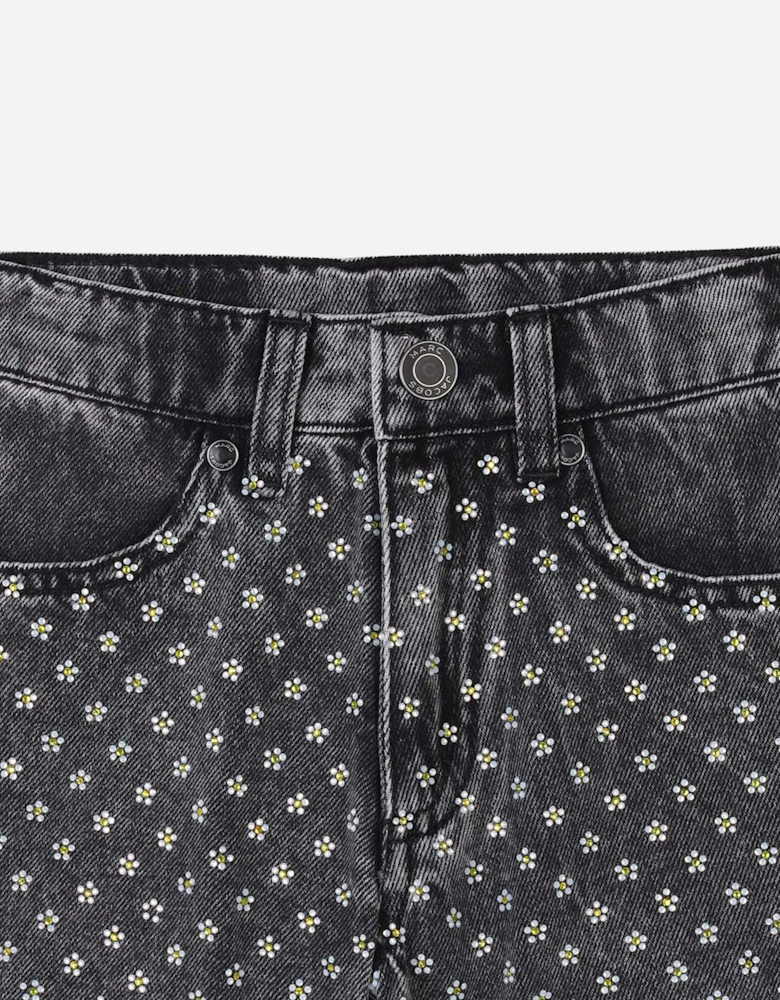 Girls Diamante Daisy Denim Shorts in Black
