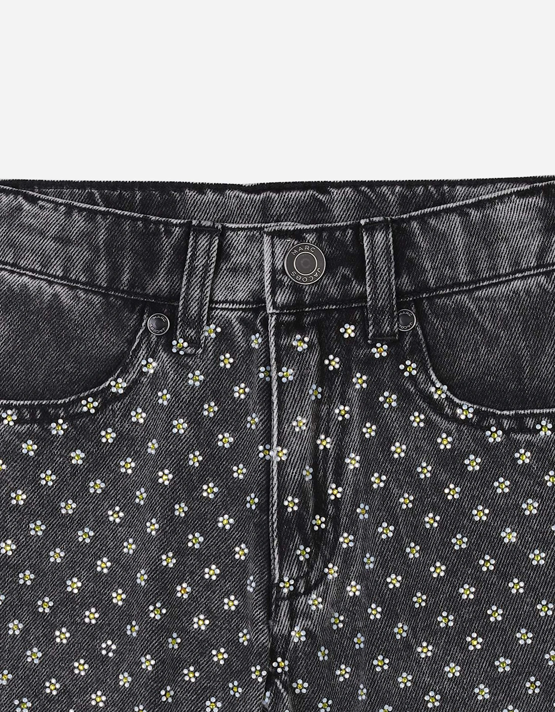 Girls Diamante Daisy Denim Shorts in Black