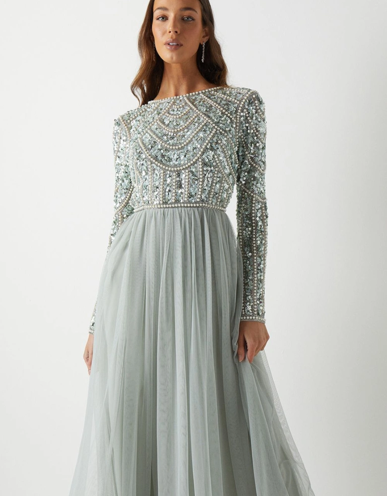 Honoured Long Sleeve Sequin Bodice Tulle Skirt Maxi Bridesmaid Dress