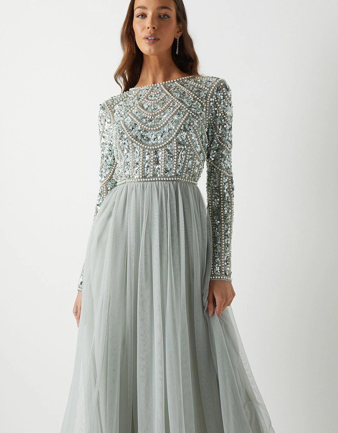 Honoured Long Sleeve Sequin Bodice Tulle Skirt Maxi Bridesmaid Dress, 2 of 1