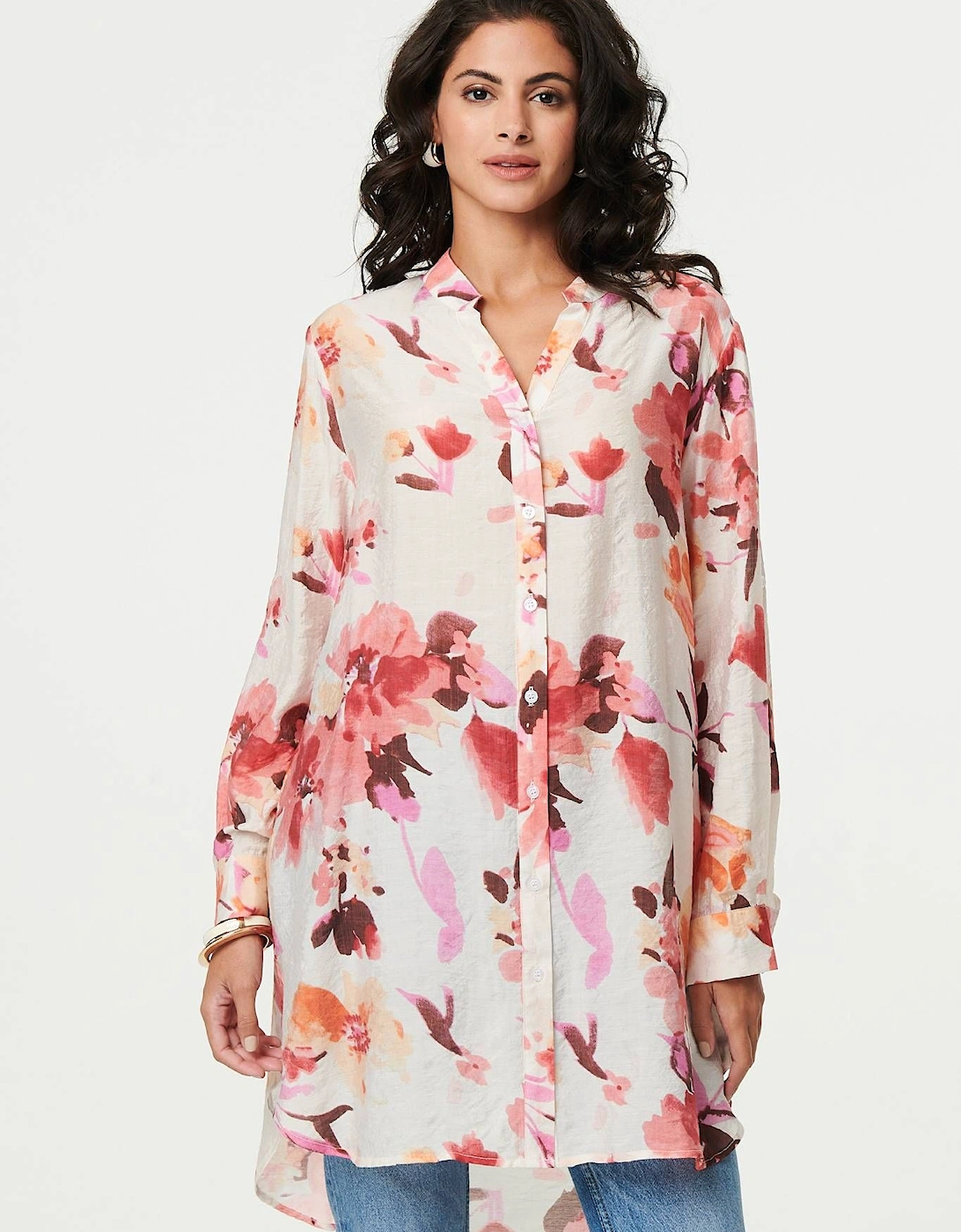 Floral Long Sleeve Longline Shirt Dress, 2 of 1