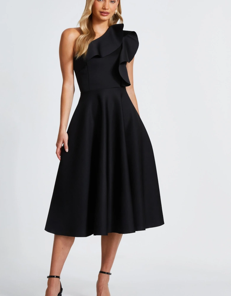 Black One Shoulder Frill Skater Dress