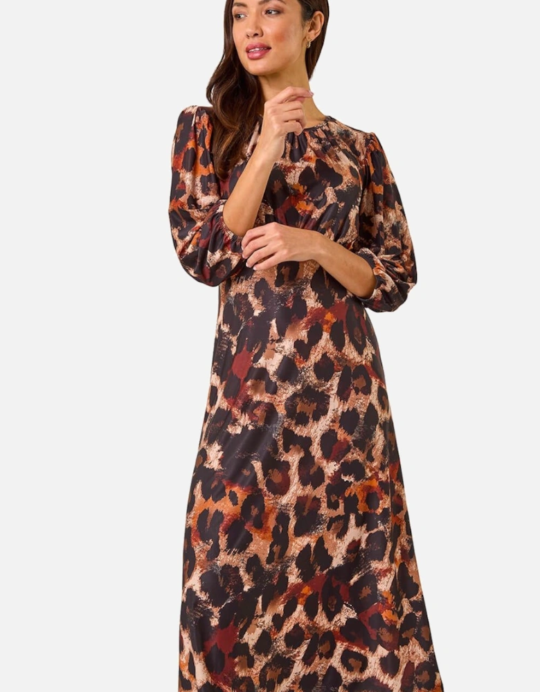 Animal Print Gathered Stretch Midi Dress