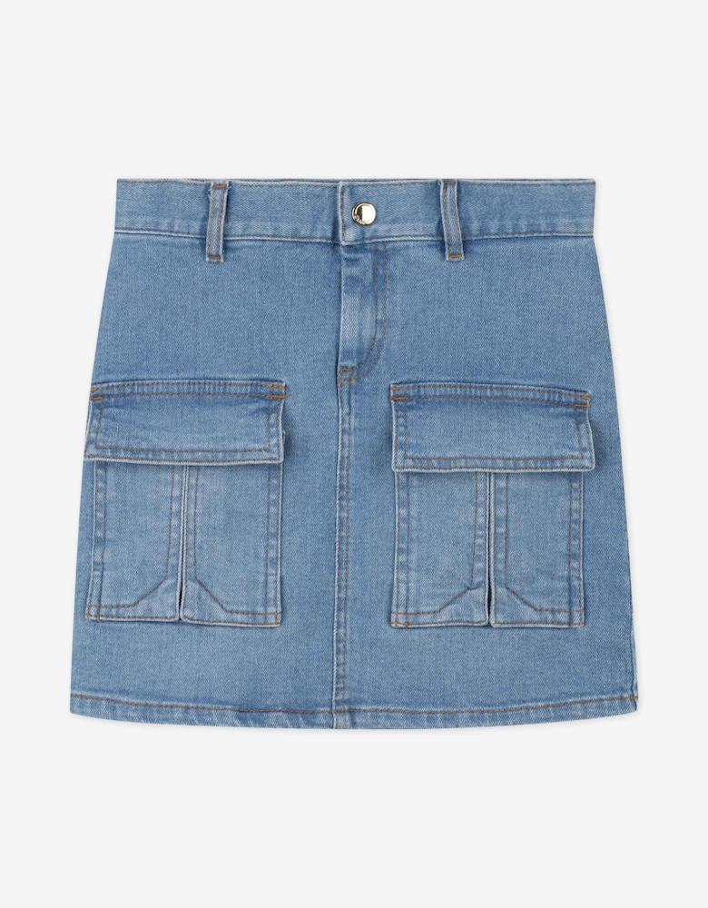 Girls Patch Pocket Denim Skirt in Blue