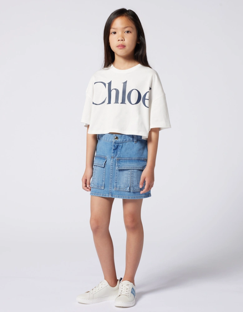 Girls Patch Pocket Denim Skirt in Blue