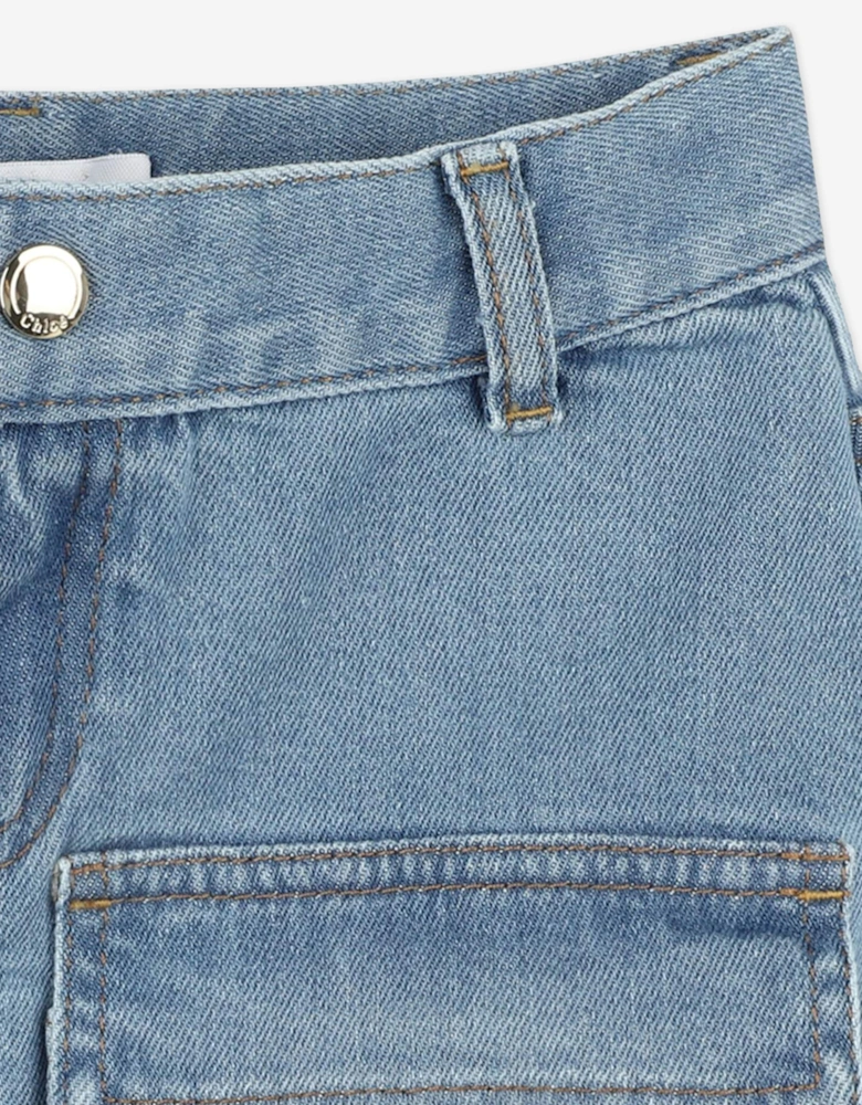 Girls Patch Pocket Denim Skirt in Blue