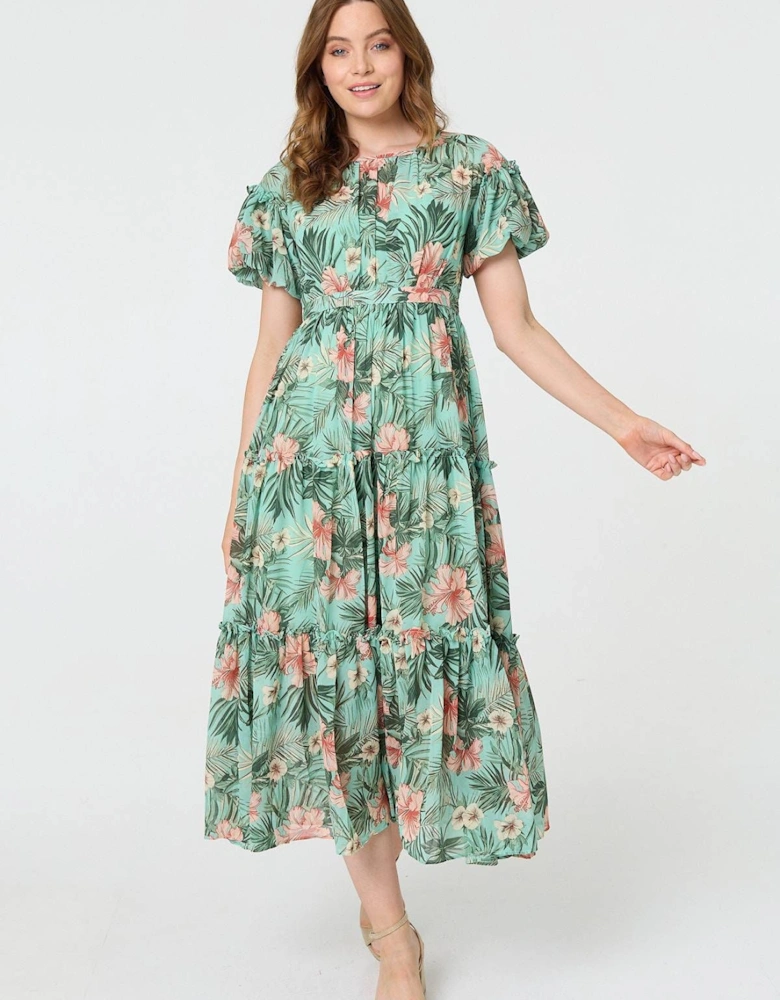 Tropical Print Frill Tiered Midi Dress