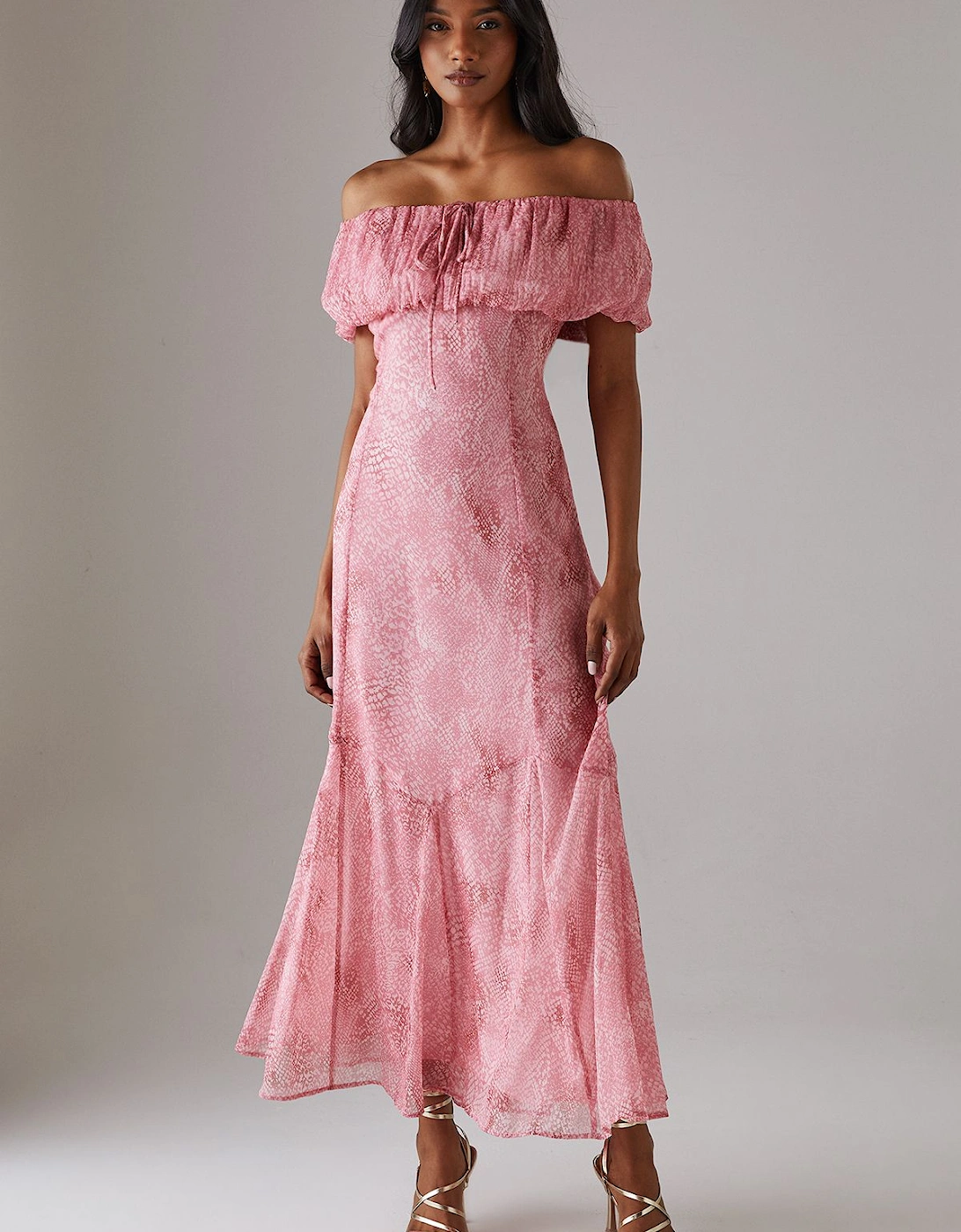 Chiffon Bardot Godet Insert Milkmaid Midi Dress, 2 of 1