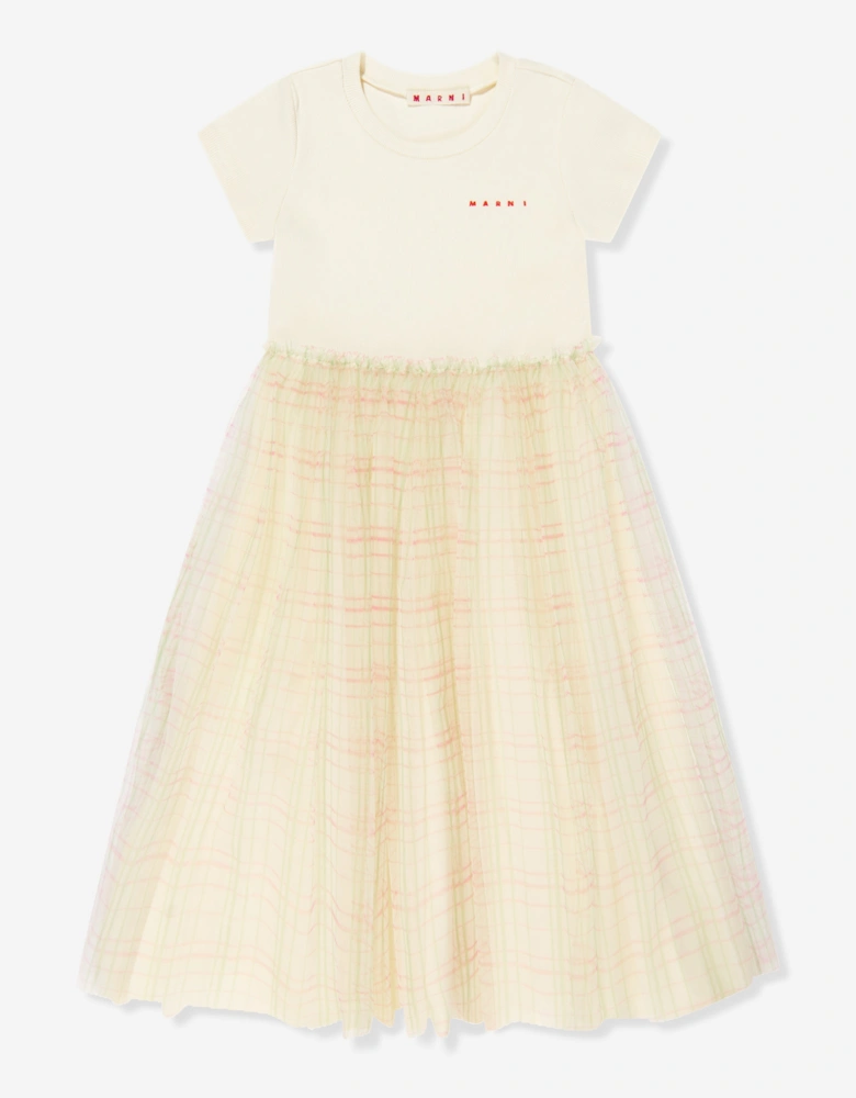 Girls Tulle Check Dress in Ivory