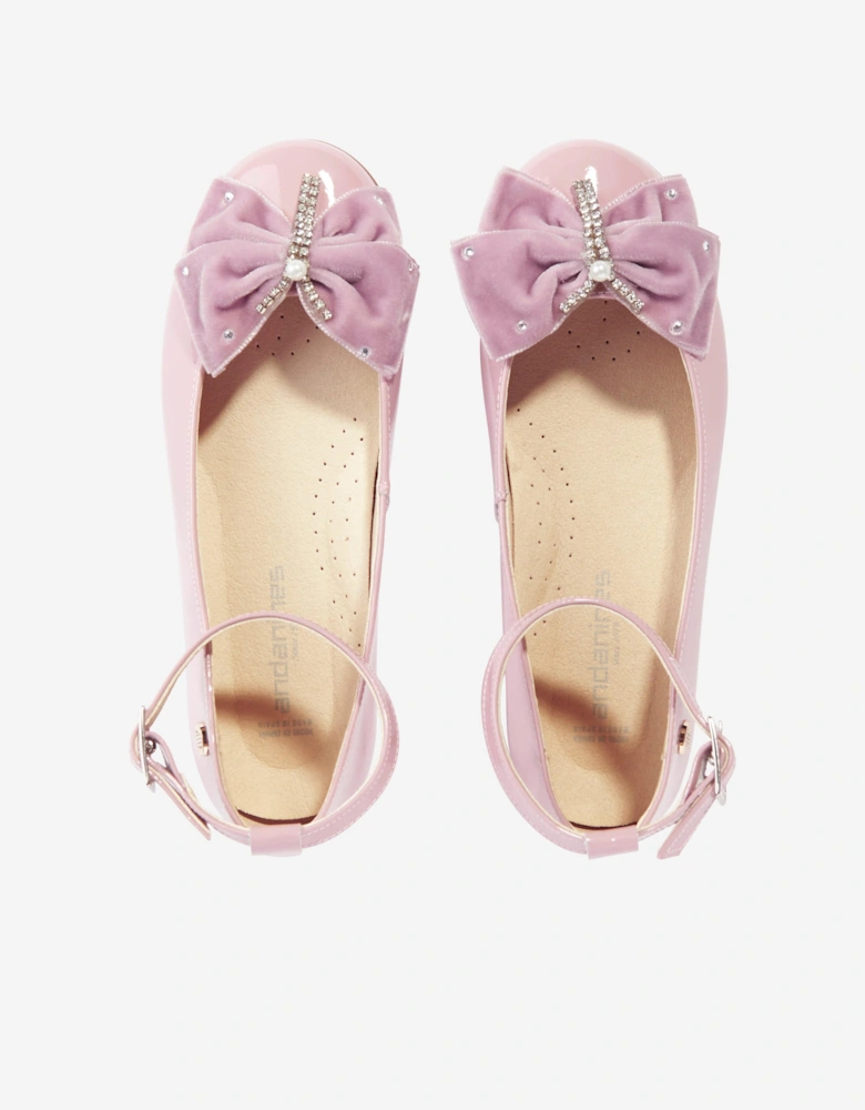 Girls Patent Leather Bow Ankle Strap Shoes in Pink