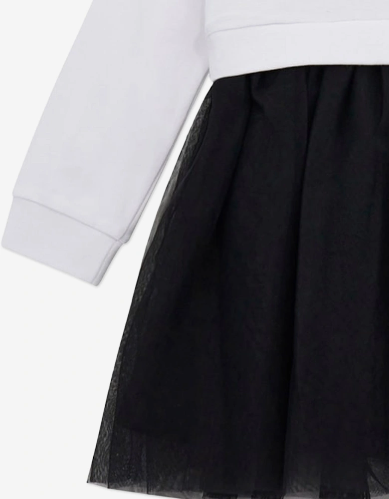 Girls Mixed Fabric Dress in White