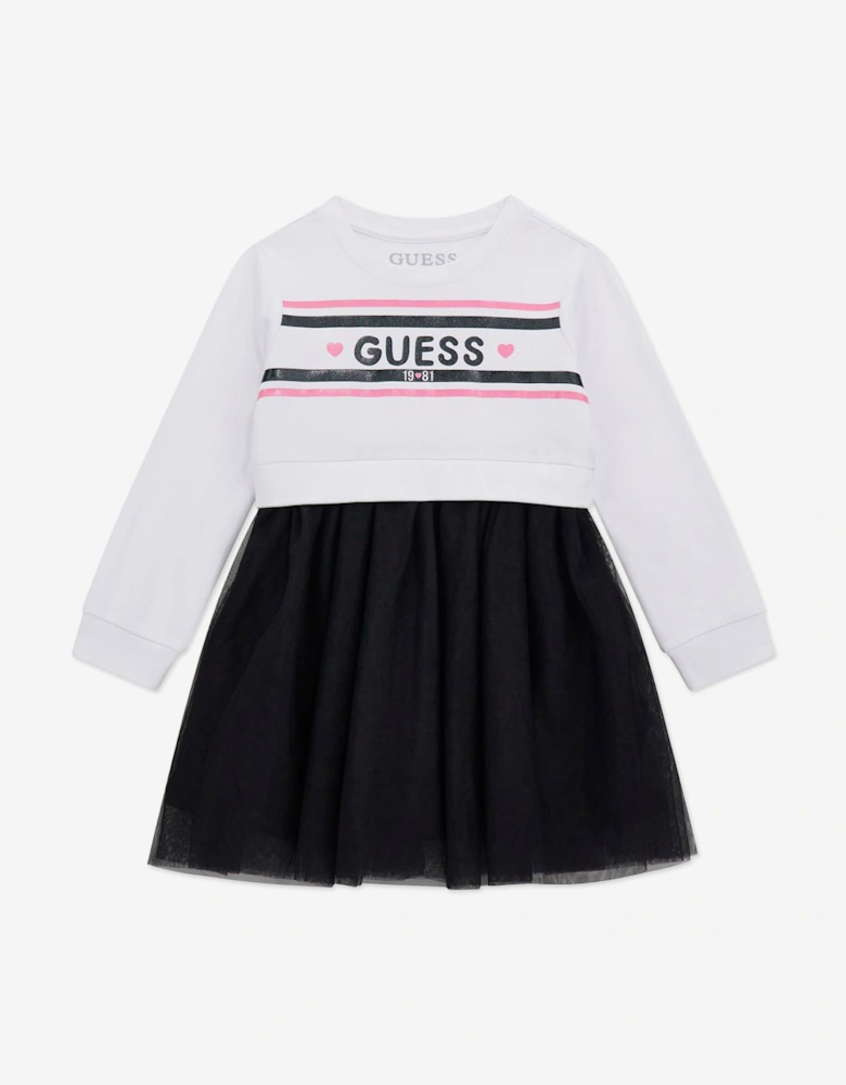 Girls Mixed Fabric Dress in White