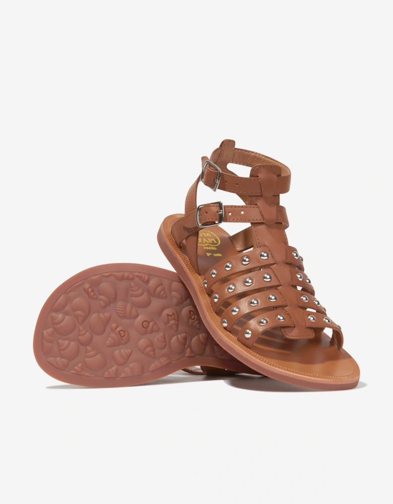 Pom D'Api Girls Leather Plagette Stud Sandals in Camel