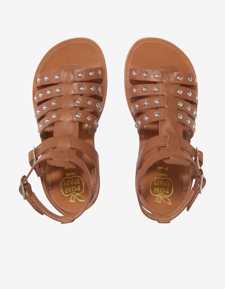 Pom D'Api Girls Leather Plagette Stud Sandals in Camel