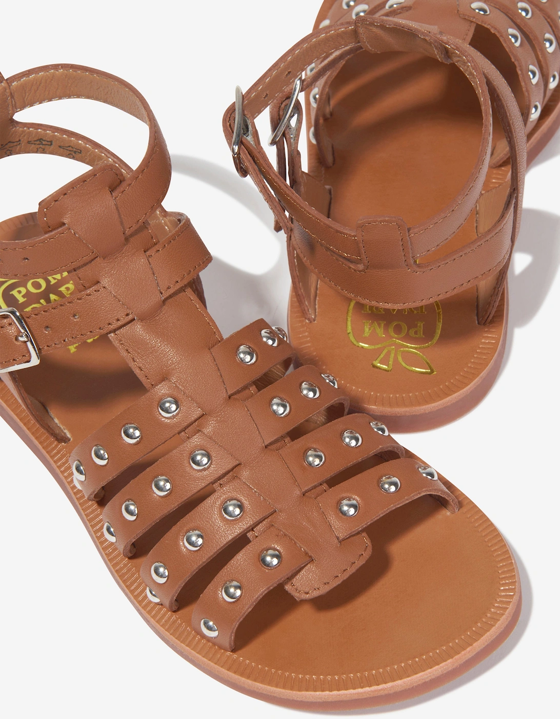 Pom D'Api Girls Leather Plagette Stud Sandals in Camel