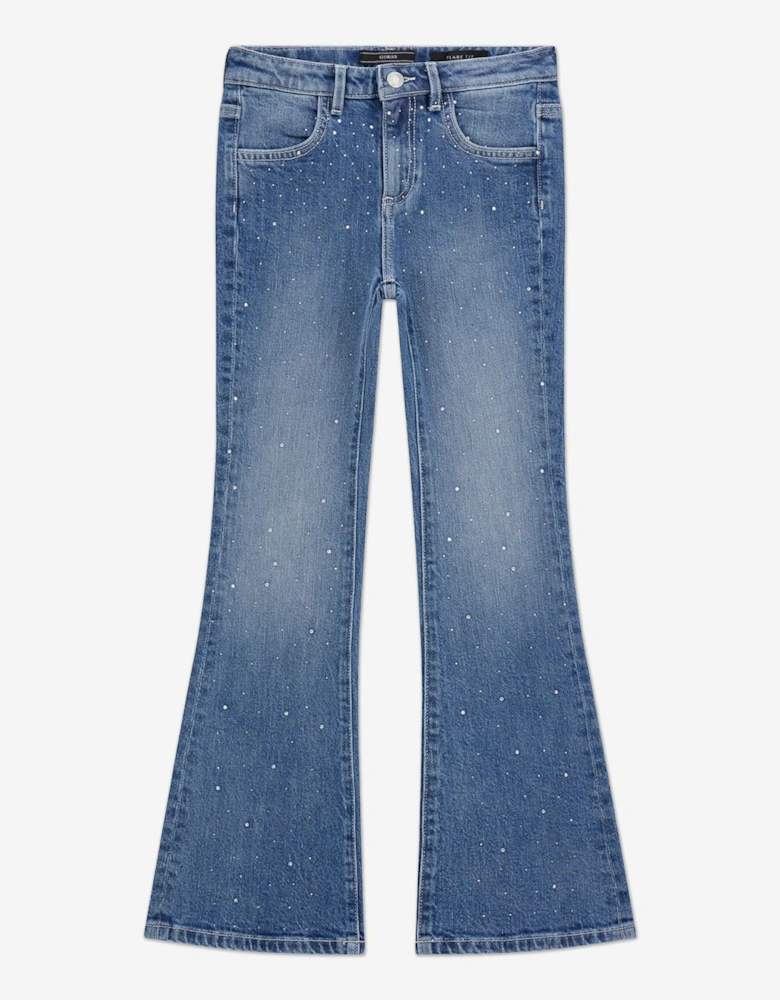 Girls Denim Flared Jeans with Rhinestones in Blue