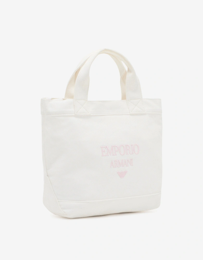 Girls Canvas Logo Tote Bag in Ivory (29cm)