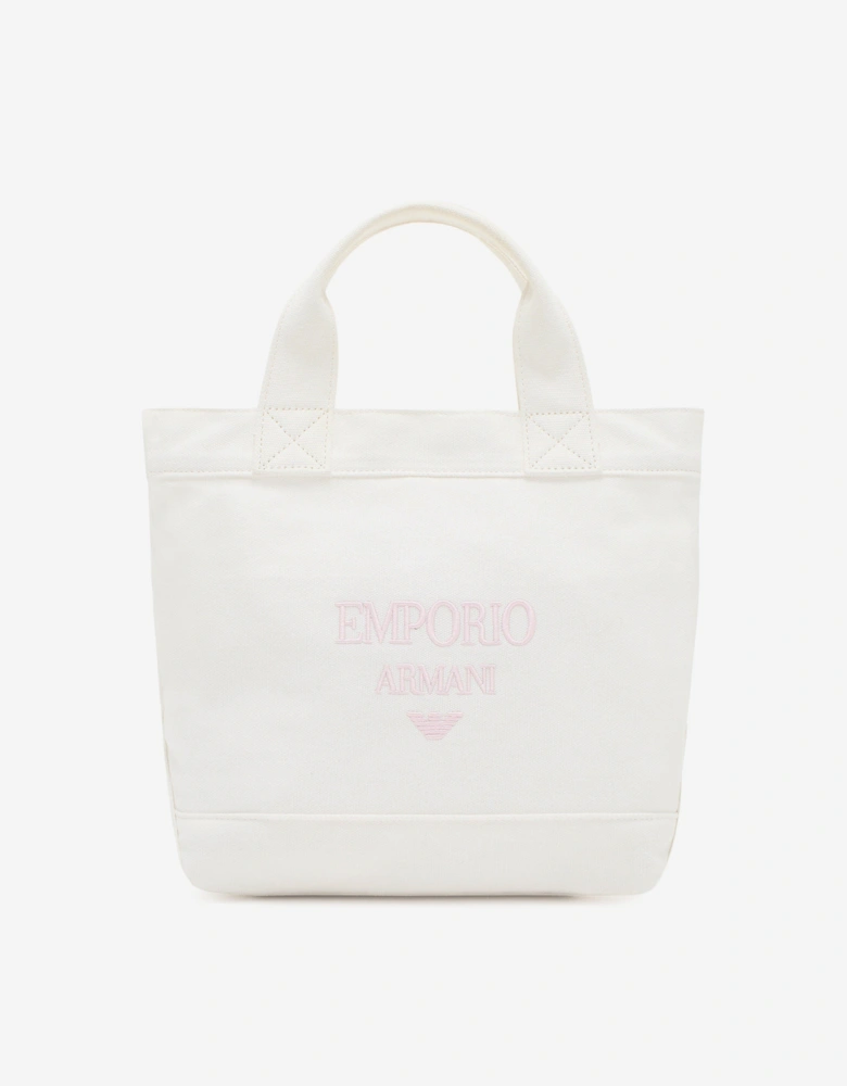 Girls Canvas Logo Tote Bag in Ivory (29cm)
