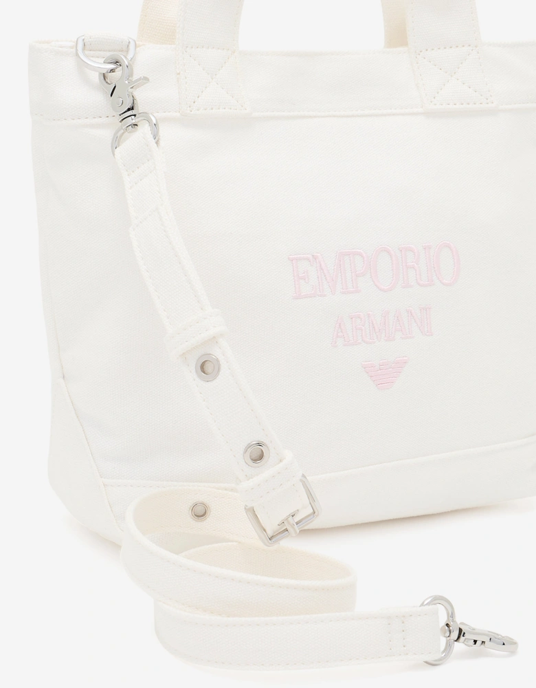Girls Canvas Logo Tote Bag in Ivory (29cm)