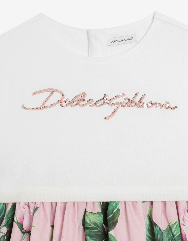 Girls Rose Print Logo Dress in Pink