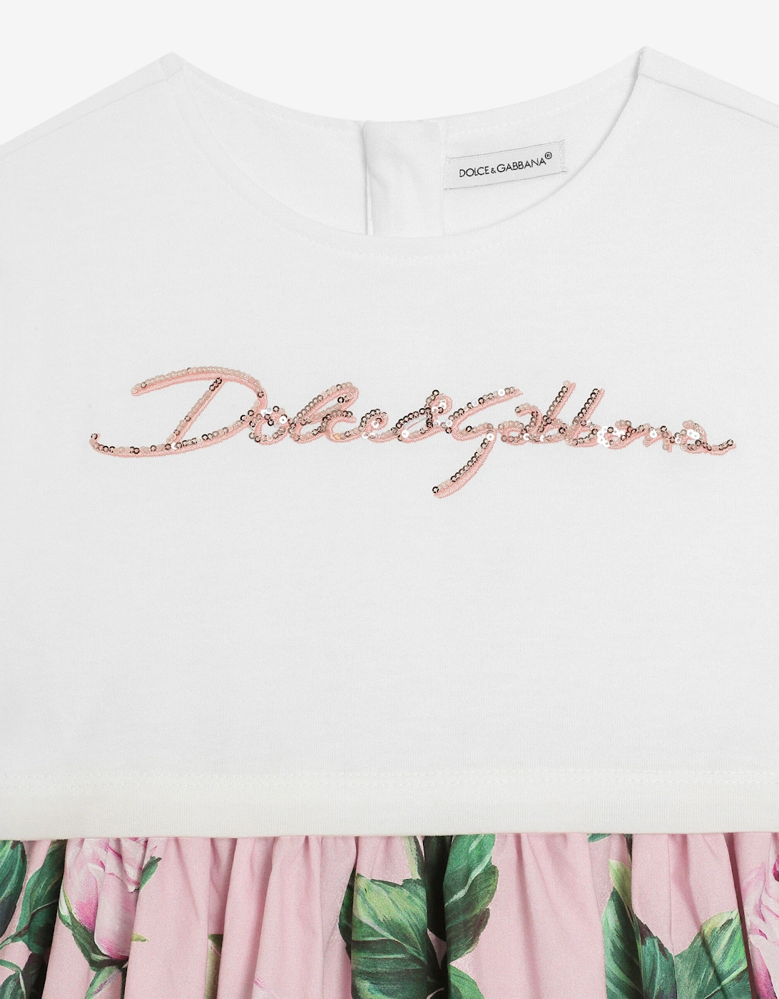 Girls Rose Print Logo Dress in Pink