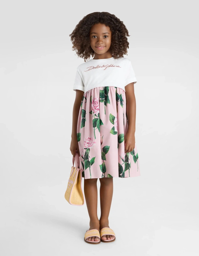 Girls Rose Print Logo Dress in Pink