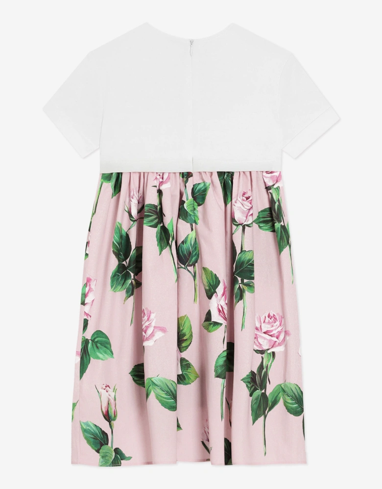 Girls Rose Print Logo Dress in Pink