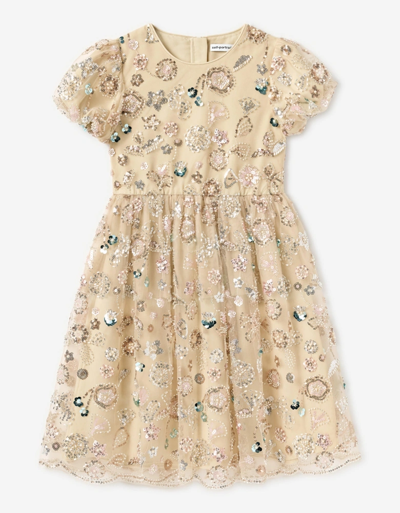 Girls Sequin Embroidered Dress in Beige