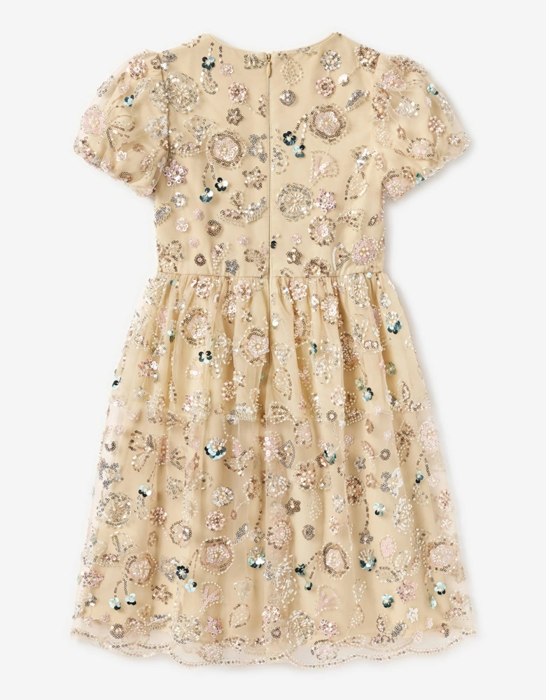 Girls Sequin Embroidered Dress in Beige
