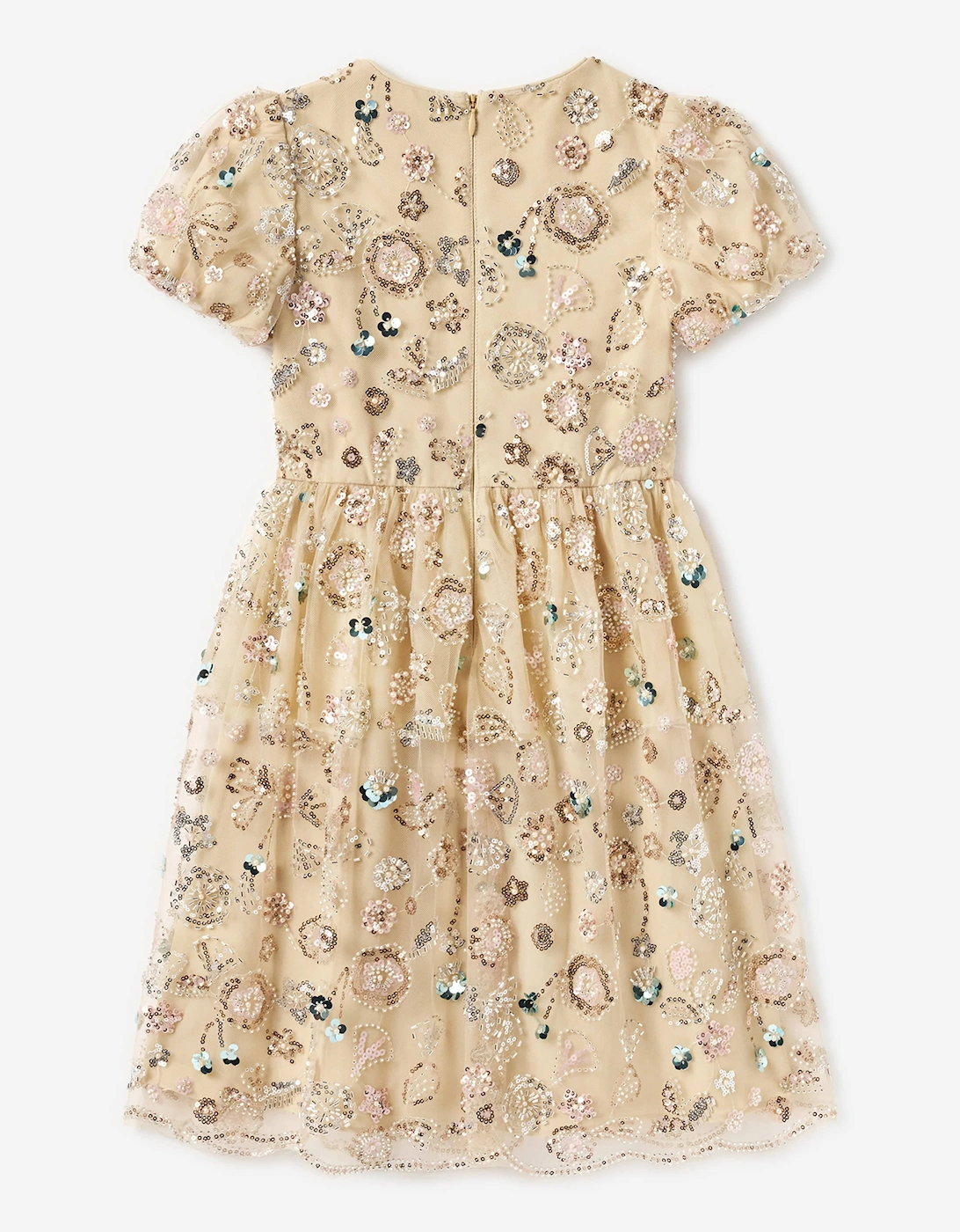 Girls Sequin Embroidered Dress in Beige