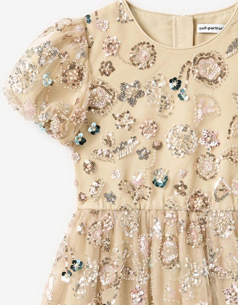 Girls Sequin Embroidered Dress in Beige