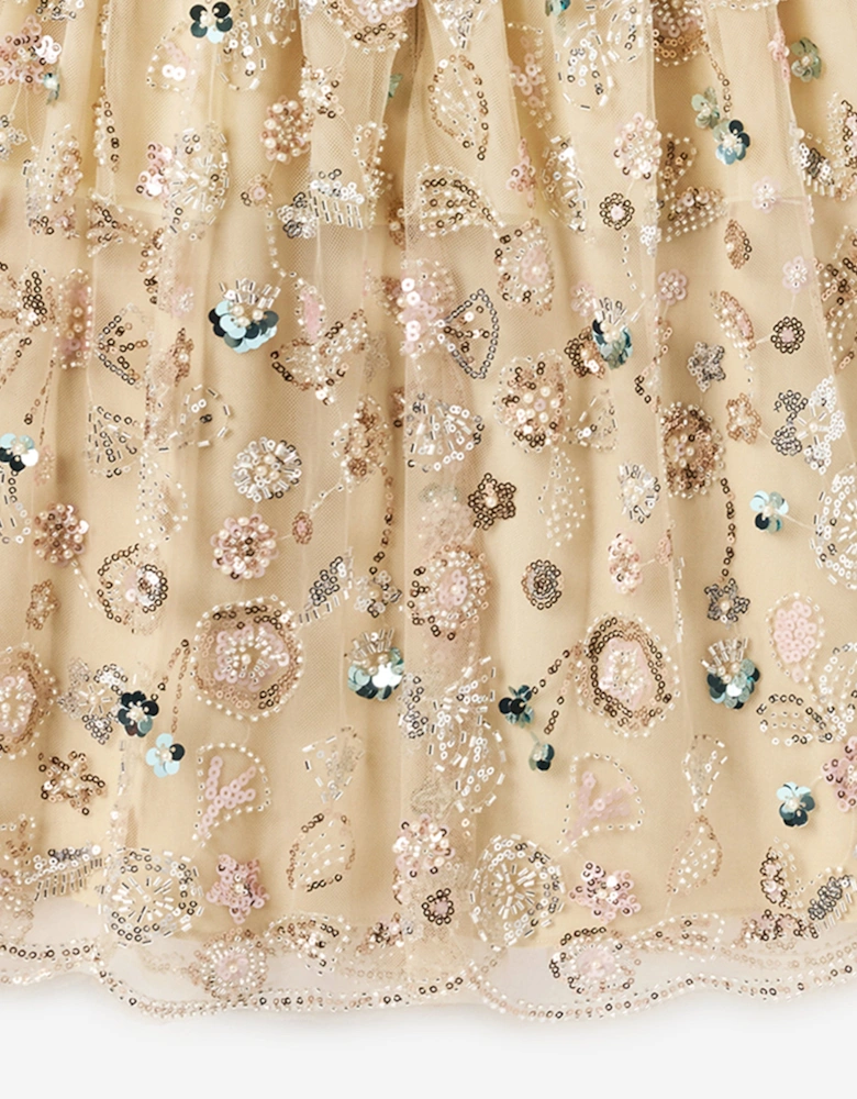 Girls Sequin Embroidered Dress in Beige